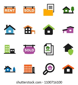 solid vector ixon set - house vector, cottage, chalet, estate document, rent signboard, sold, apartments, search, home protect