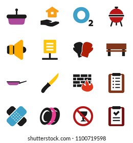 solid vector ixon set - house hold vector, pan, knife, bbq, plates, boxing glove, no alcohol sign, oxygen, speaker, patch, firewall, bench, network document, basket, shopping list