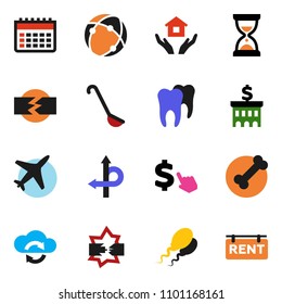 solid vector ixon set - house hold vector, ladle, bank building, sand clock, dollar cursor, calendar, bone, route, plane, sperm, tooth, connection, disconnection, cloud exchange, rent signboard