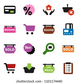 solid vector ixon set - house hold vector, cart, credit card, cargo search, rooms signboard, sold, low price, new, percent, basket, shopping list