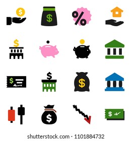 solid vector ixon set - house hold vector, bank, japanese candle, crisis, money bag, piggy, investment, check, building, percent