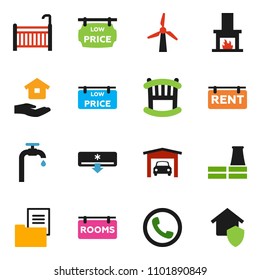 solid vector ixon set - house hold vector, windmill, water supply, garage, estate document, rent signboard, rooms, low price, crib, fireplace, air conditioner, phone, factory, home protect
