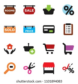 solid vector ixon set - house hold vector, cart, cargo search, sale signboard, rooms, sold, low price, credit card, percent, market, basket, shopping list, coupon