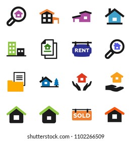 solid vector ixon set - house hold vector, cottage, chalet, estate document, rent signboard, sold, apartments, search, home