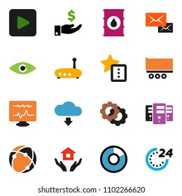 solid vector ixon set - house hold vector, pie graph, investment, truck trailer, oil barrel, play button, eye, diagnostic monitor, connection, server, gear, router, favorites, cloud download, mail
