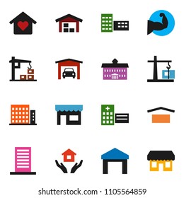 solid vector ixon set - house hold vector, university, school building, muscule hand, dry cargo, warehouse, hospital, garage, barn, apartments, love home, construction crane, store