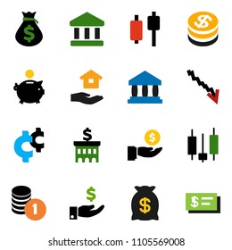 solid vector ixon set - house hold vector, bank, japanese candle, crisis, money bag, piggy, investment, coin stack, building, cent sign, dollar, check