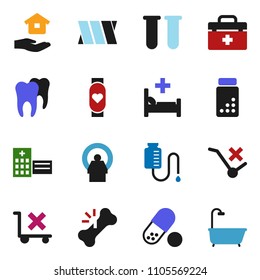 solid vector ixon set - house hold vector, pills vial, heart monitor, no trolley, doctor bag, broken bone, hospital bed, building, tomography, bandage, drop counter, tooth, bath