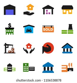 solid vector ixon set - house hold vector, school building, university, bank, muscule hand, warehouse, hospital, garage, barn, sold signboard, construction crane, factory, store, mall