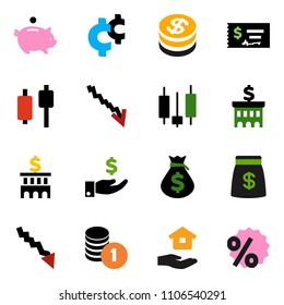 solid vector ixon set - house hold vector, japanese candle, crisis, money bag, piggy bank, investment, coin stack, check, building, cent sign, dollar, percent