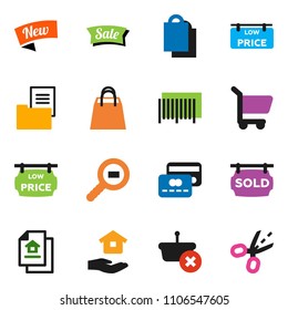 solid vector ixon set - house hold vector, cargo search, estate document, sold signboard, low price, credit card, sale, new, shopping bag, barcode, basket, cart, coupon