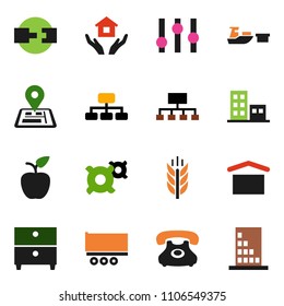 solid vector ixon set - house hold vector, apple fruit, archive, hierarchy, any currency, cereals, navigator, phone, truck trailer, port, dry cargo, settings, connection, apartments, building