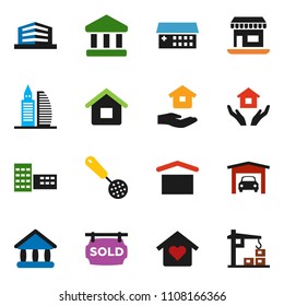 solid vector ixon set - house hold vector, skimmer, school building, university, bank, office, dry cargo, hospital, garage, sold signboard, love home, construction crane