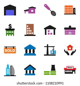 solid vector ixon set - house hold vector, skimmer, university, bank, building, warehouse, cottage, barn, sold signboard, apartments, office, construction crane, factory, mall