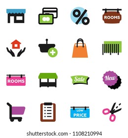 solid vector ixon set - house hold vector, credit card, rooms signboard, low price, sale, new, shopping bag, percent, market, store, barcode, basket, cart, list, coupon