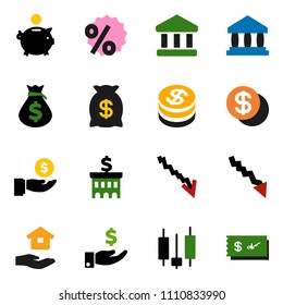 solid vector ixon set - house hold vector, bank, japanese candle, crisis, money bag, piggy, investment, building, dollar coin, percent, check