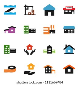 solid vector ixon set - house hold vector, school building, measuring, hospital, home, cottage, construction crane, mall