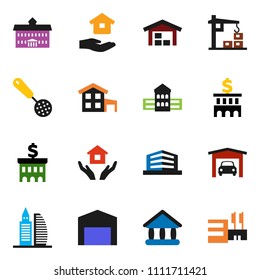 solid vector ixon set - house hold vector, skimmer, university, school building, bank, cottage, garage, barn, office, construction crane, mall