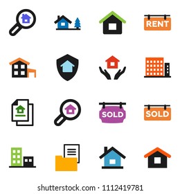 solid vector ixon set - house hold vector, cottage, chalet, estate document, rent signboard, sold, apartments, search, home protect