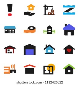 solid vector ixon set - house hold vector, school building, measuring, dry cargo, hospital, home, attention sign, barn, plan, love, construction crane, mall