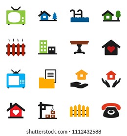 solid vector ixon set - house hold vector, chalet, pool, fence, estate document, apartments, table, love home, heating, tv, construction crane, phone