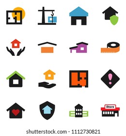 solid vector ixon set - house hold vector, school building, measuring, dry cargo, home, attention sign, cottage, plan, love, construction crane, protect, mall