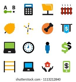 solid vector ixon set - house hold vector, notebook pc, leaf, constellation, clock, man, dollar flag, sign, bone, route, shelving, network folder, heating, calculator, tap pay