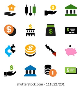 solid vector ixon set - house hold vector, bank, japanese candle, crisis, piggy, investment, coin stack, check, building, cent sign, dollar, money bag