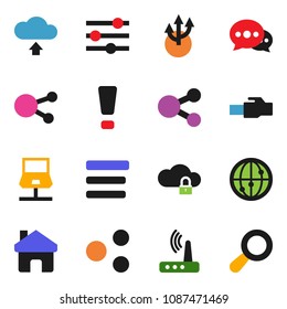 solid vector ixon set - internet vector, social media, notebook network, cloud lock, equalizer, menu, router, lan connector, share, home, message, upload, route arrow, attention sign, magnifier