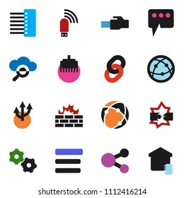 solid vector ixon set - internet vector, connection, disconnection, cloud glass, gear, menu, firewall, hub, usb modem, lan connector, share, message, chain, route arrow, smart home