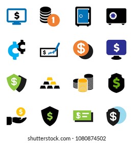 solid vector ixon set - investment vector, coin stack, check, dollar shield, safe, monitor, cent sign, gold ingot