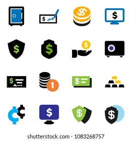solid vector ixon set - investment vector, coin stack, check, dollar shield, safe, monitor, cent sign, gold ingot