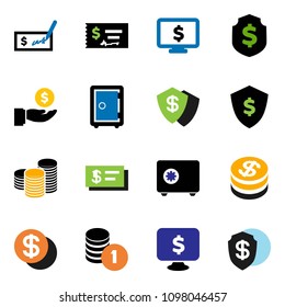 solid vector ixon set - investment vector, coin stack, check, dollar shield, safe, monitor