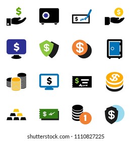 solid vector ixon set - investment vector, coin stack, check, safe, monitor dollar, gold ingot, shield
