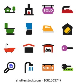 solid vector ixon set - iron vector, bath, toilet, dry cargo, key, chalet, garage, sold signboard, search estate, fireplace, fridge, smart home, password