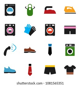 solid vector ixon set - iron vector, steaming, washer, rubber glove, apron, tie, snickers, shorts, clothes