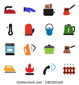 solid vector ixon set - iron vector, steaming, pan, camping cauldron, kettle, cook glove, turk coffee, toaster, oven, thermometer, flammable, heating
