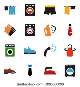 solid vector ixon set - iron vector, steaming, drying clothes, washer, rubber glove, apron, tie, snickers, shorts