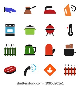 solid vector ixon set - iron vector, steaming, pan, kettle, cook glove, turk coffee, toaster, oven, thermometer, bbq, steak, flammable, heating