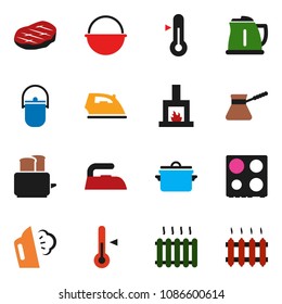solid vector ixon set - iron vector, steaming, pan, camping cauldron, kettle, turk coffee, toaster, oven, thermometer, steak, fireplace, heating