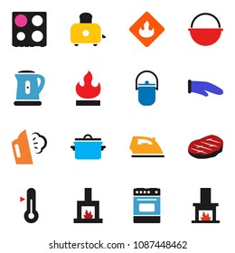 solid vector ixon set - iron vector, steaming, pan, camping cauldron, kettle, cook glove, toaster, oven, thermometer, steak, flammable, fireplace