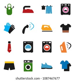 solid vector ixon set - iron vector, steaming, drying clothes, washer, rubber glove, apron, tie, snickers, shorts