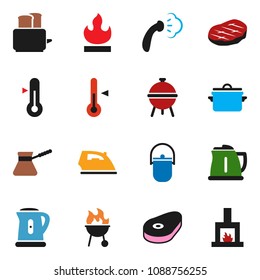 solid vector ixon set - iron vector, steaming, pan, camping cauldron, kettle, turk coffee, toaster, thermometer, bbq, steak, flammable, fireplace