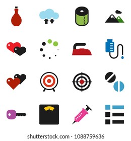 solid vector ixon set - iron vector, toilet paper, oil, scales, target, heart, syringe, pills, drop counter, cloud exchange, loading, key, mountain, menu