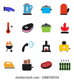 solid vector ixon set - iron vector, steaming, pan, kettle, cook glove, toaster, thermometer, bbq, steak, flammable, fireplace, heating