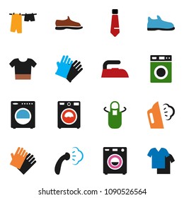 solid vector ixon set - iron vector, steaming, drying clothes, washer, rubber glove, apron, tie, snickers