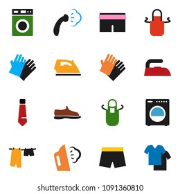 solid vector ixon set - iron vector, steaming, drying clothes, washer, rubber glove, apron, tie, snickers, shorts