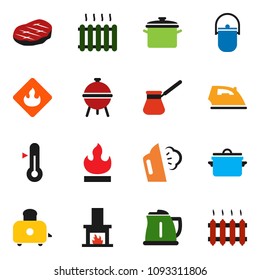 solid vector ixon set - iron vector, steaming, pan, camping cauldron, kettle, turk coffee, toaster, thermometer, bbq, steak, flammable, fireplace, heating