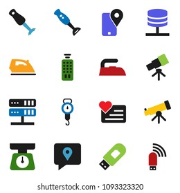 solid vector ixon set - iron vector, scales, blender, telescope, heart monitor, traking, remote control, network server, usb modem
