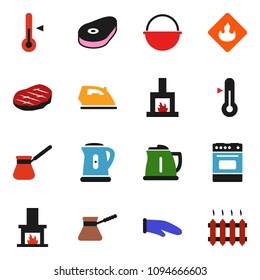 solid vector ixon set - iron vector, camping cauldron, kettle, cook glove, turk coffee, oven, thermometer, steak, flammable, fireplace, heating